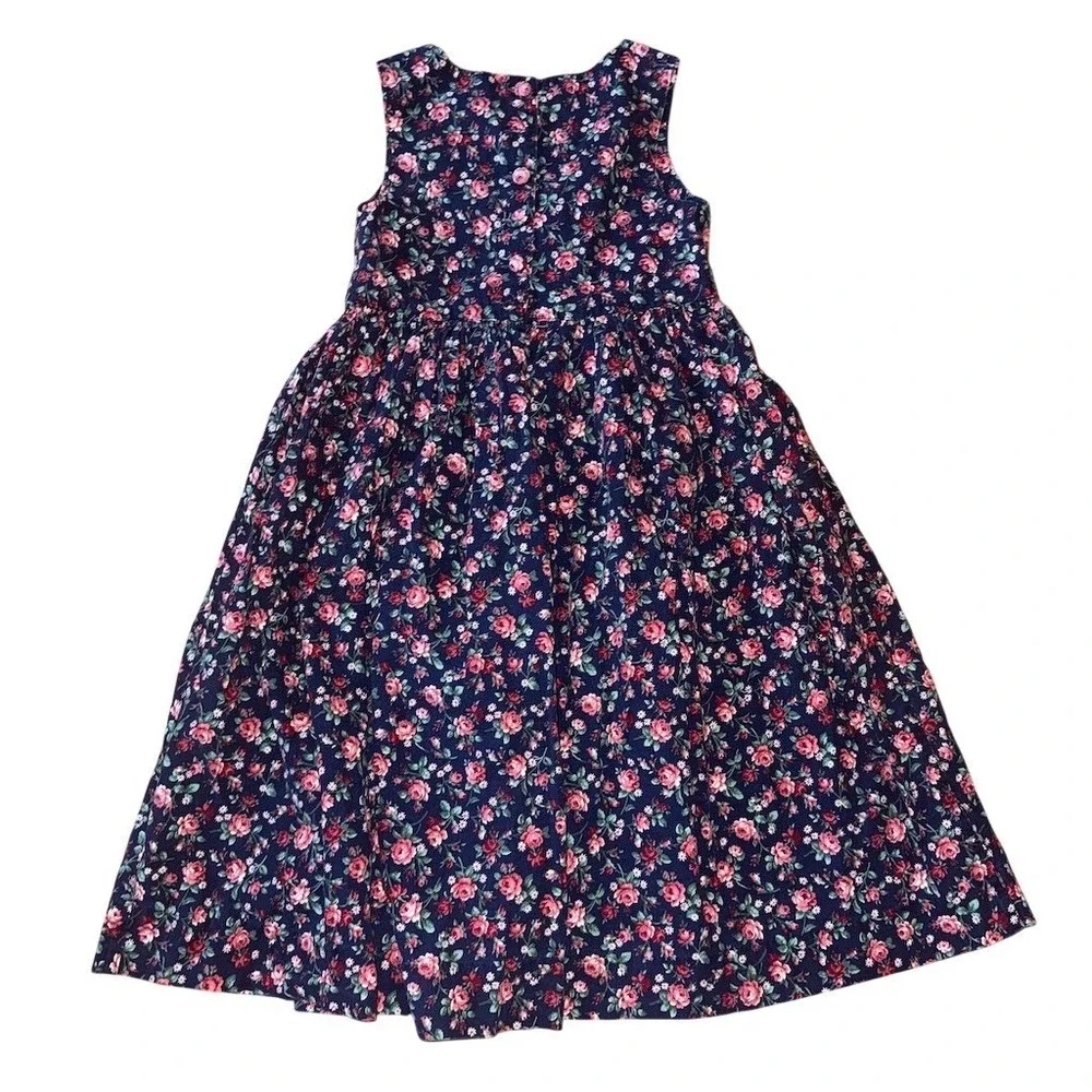 Handmade Girls Navy Pink Floral Cottagecore Sleeveless Dress Size 6